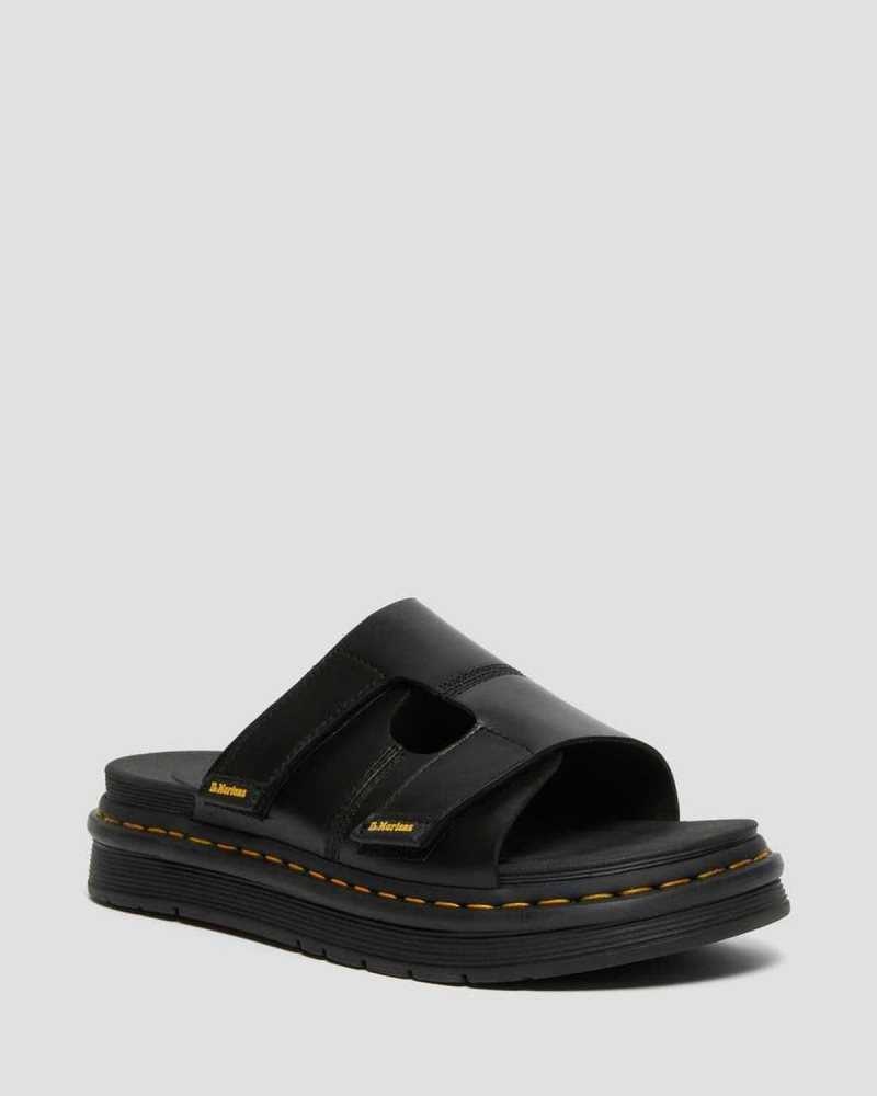 Black Dr. Martens Daxton Leather Slide Sandals | XZRCG1674