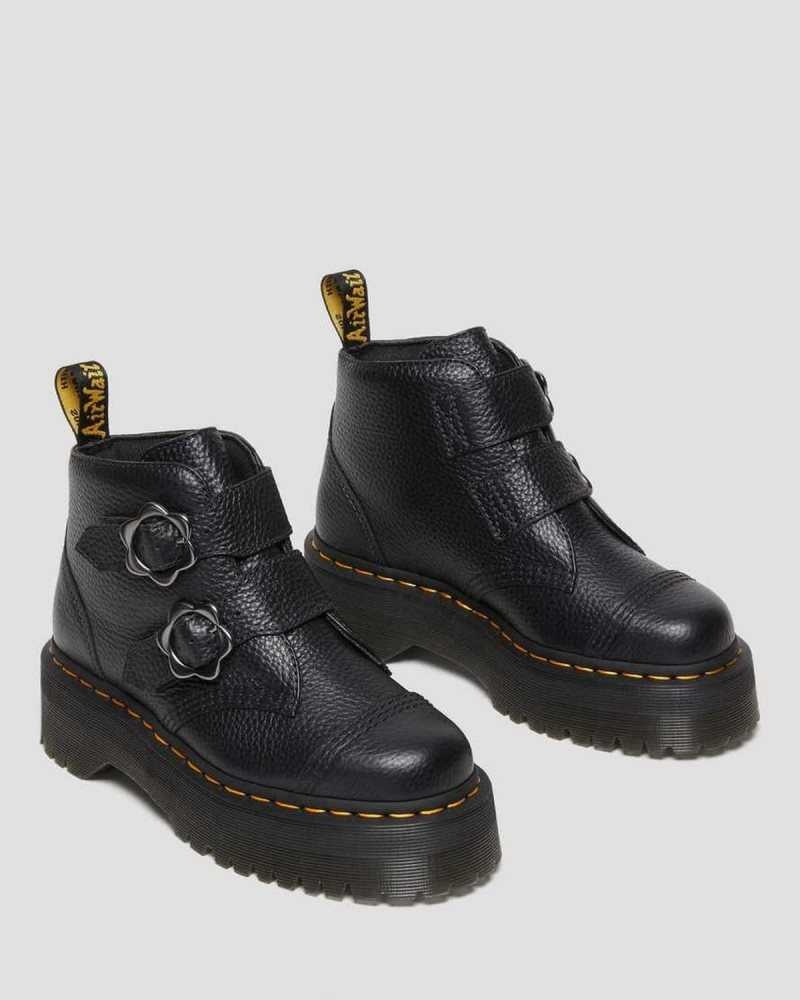 Black Dr. Martens Devon Flower Buckle Leather Platform Boots | GHFJE8547