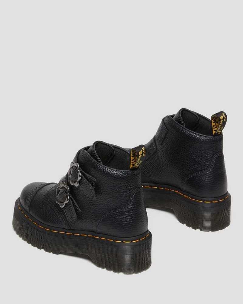 Black Dr. Martens Devon Flower Buckle Leather Platform Boots | GHFJE8547