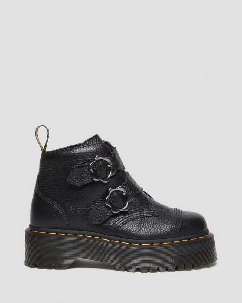 Black Dr. Martens Devon Flower Buckle Leather Platform Boots | GHFJE8547