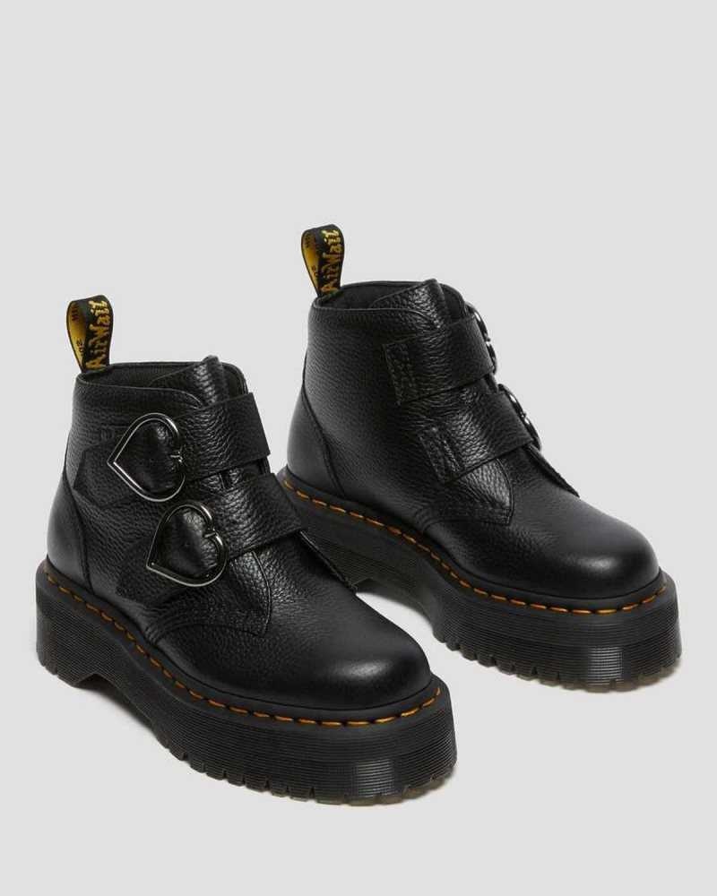 Black Dr. Martens Devon Heart Leather Platform Boots | OWNXZ2593