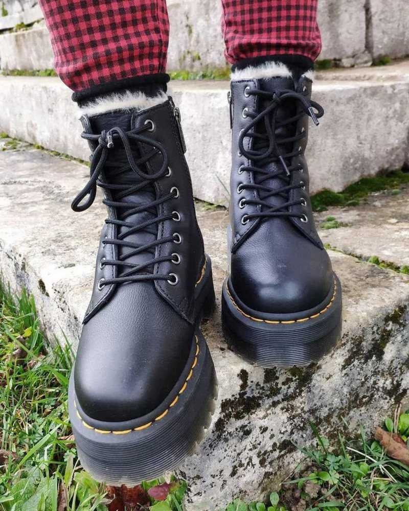 Black Dr. Martens Jadon Leather Faux Fur Lined Platform | NGYEO4381