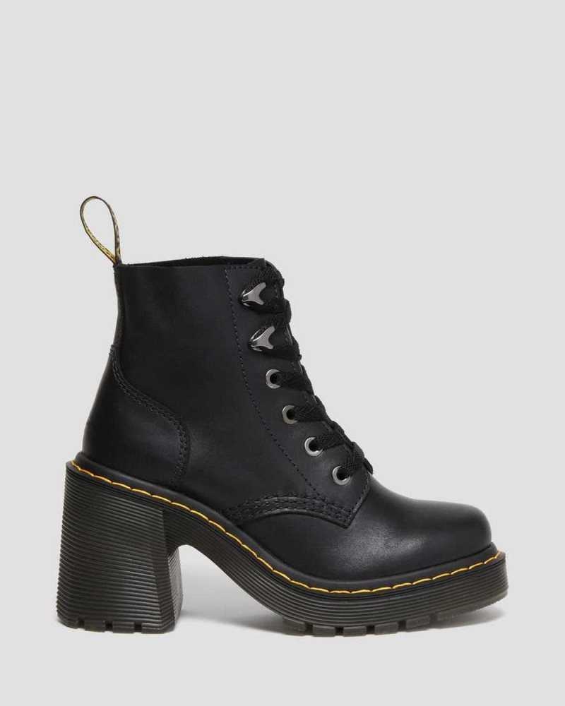 Black Dr. Martens Jesy Sendal Leather Lace Up Flared Heel Boots | FLXKC3658