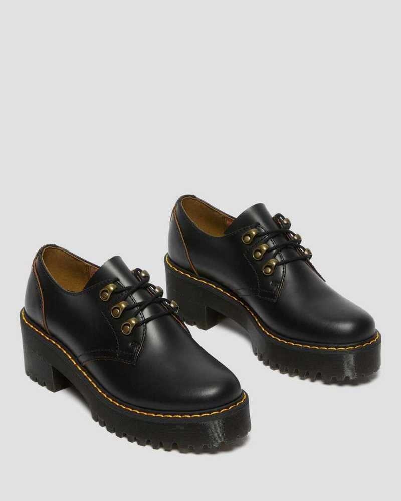 Black Dr. Martens Leona Lo Vintage Smooth Leather Heeled Shoes | FGNUQ0279