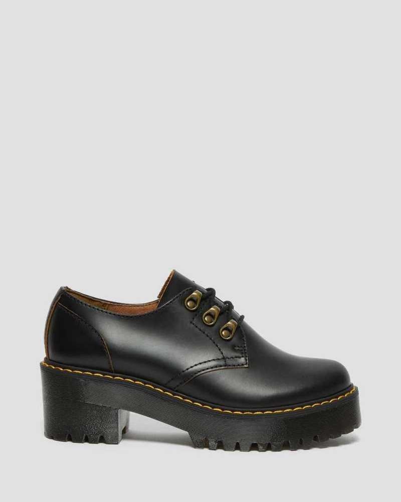 Black Dr. Martens Leona Lo Vintage Smooth Leather Heeled Shoes | FGNUQ0279