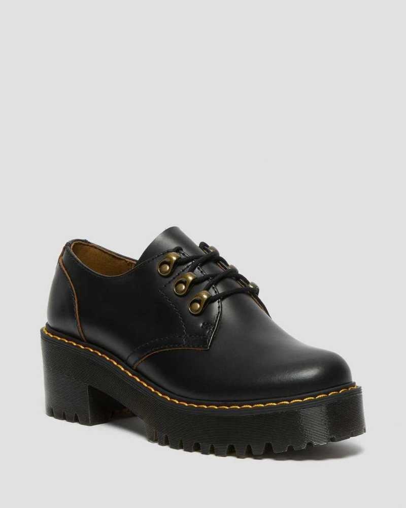 Black Dr. Martens Leona Lo Vintage Smooth Leather Heeled Shoes | FGNUQ0279