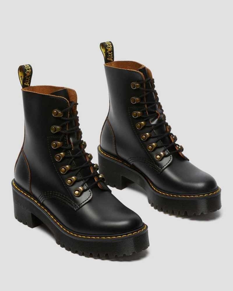 Black Dr. Martens Leona Vintage Smooth Leather Heeled Boots | XSBAM3851