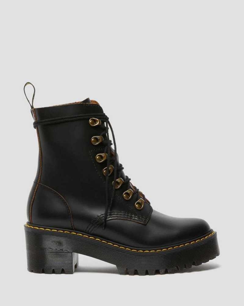 Black Dr. Martens Leona Vintage Smooth Leather Heeled Boots | XSBAM3851