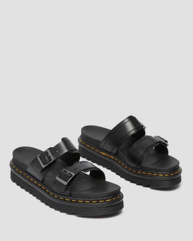 Black Dr. Martens Myles Brando Leather Buckle Slide Sandals | EOHCV6925