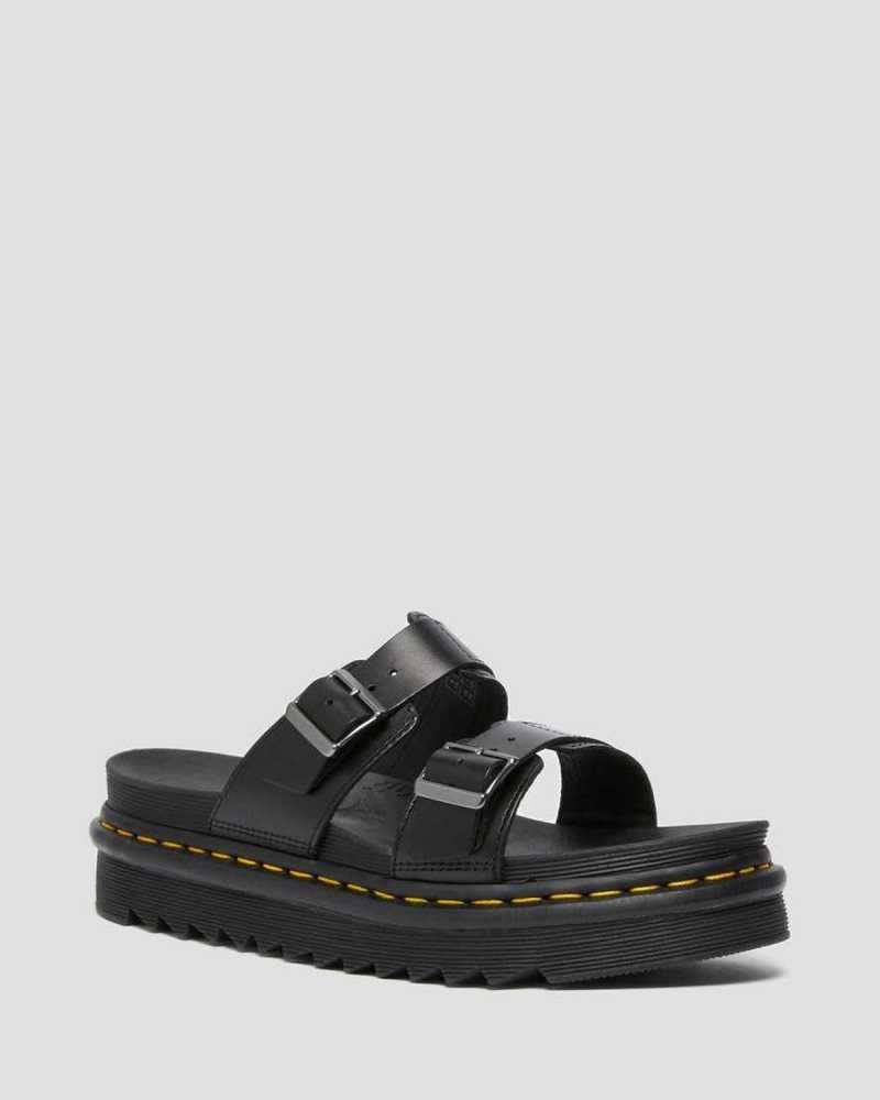 Black Dr. Martens Myles Brando Leather Buckle Slide Sandals | EOHCV6925