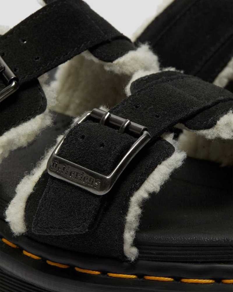 Black Dr. Martens Myles Suede Fur-Lined Buckle Slide Sandals | CGJOP3846