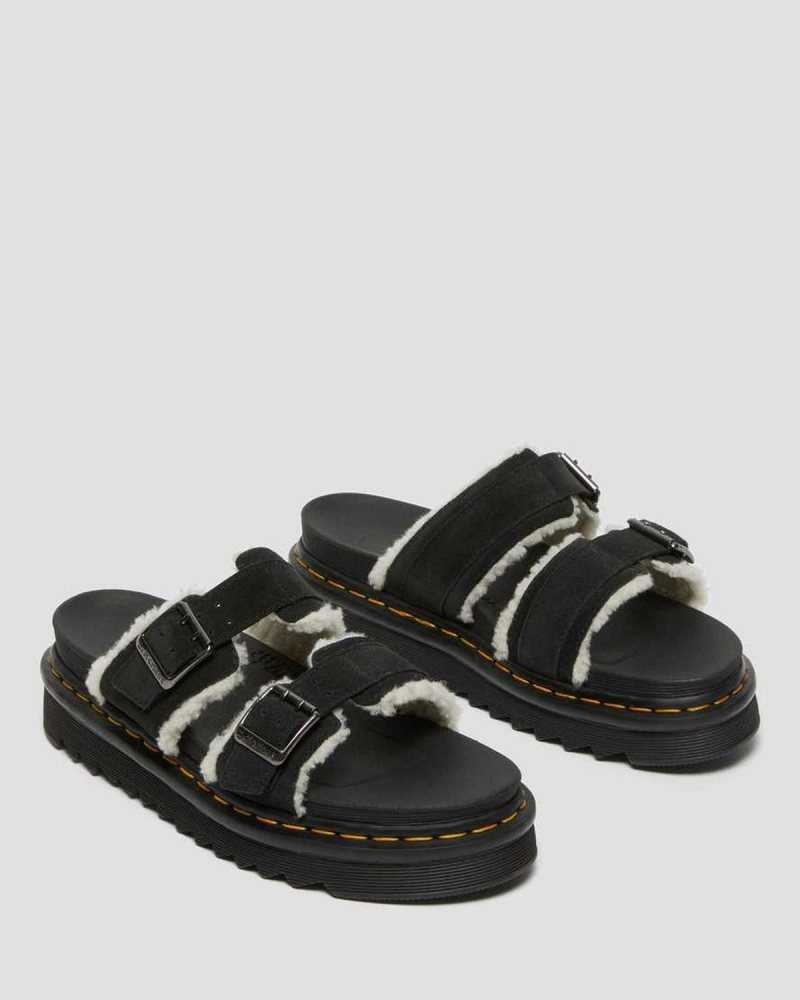 Black Dr. Martens Myles Suede Fur-Lined Buckle Slide Sandals | CGJOP3846