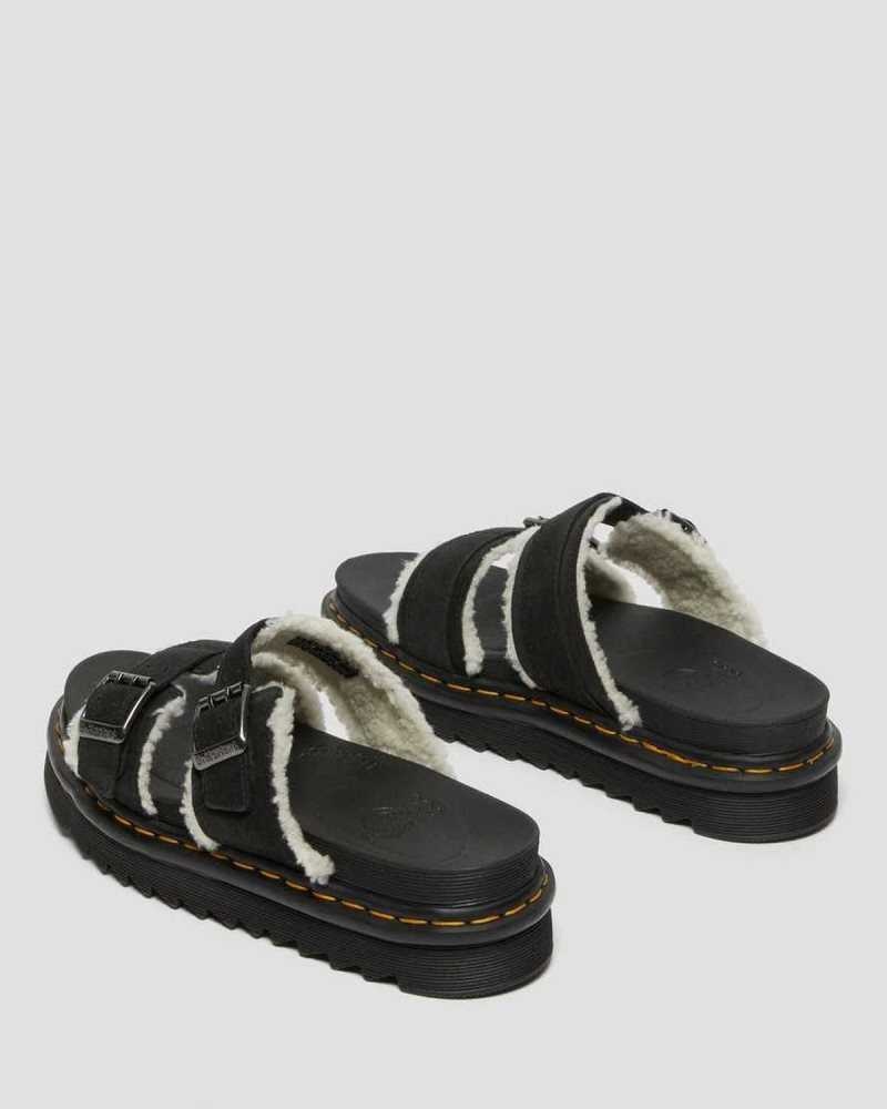 Black Dr. Martens Myles Suede Fur-Lined Buckle Slide Sandals | CGJOP3846