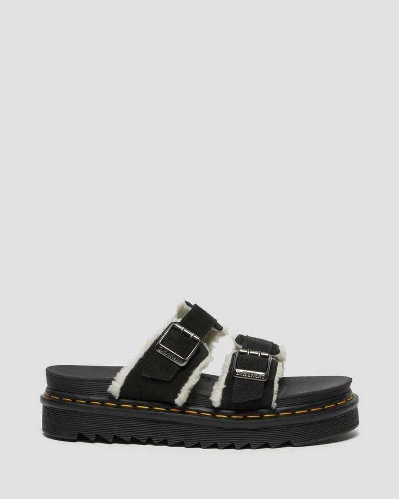 Black Dr. Martens Myles Suede Fur-Lined Buckle Slide Sandals | CGJOP3846