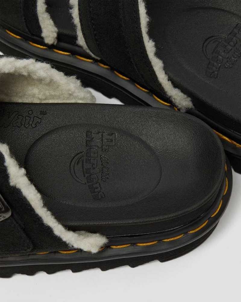 Black Dr. Martens Myles Suede Fur-Lined Buckle Slide Sandals | CGJOP3846