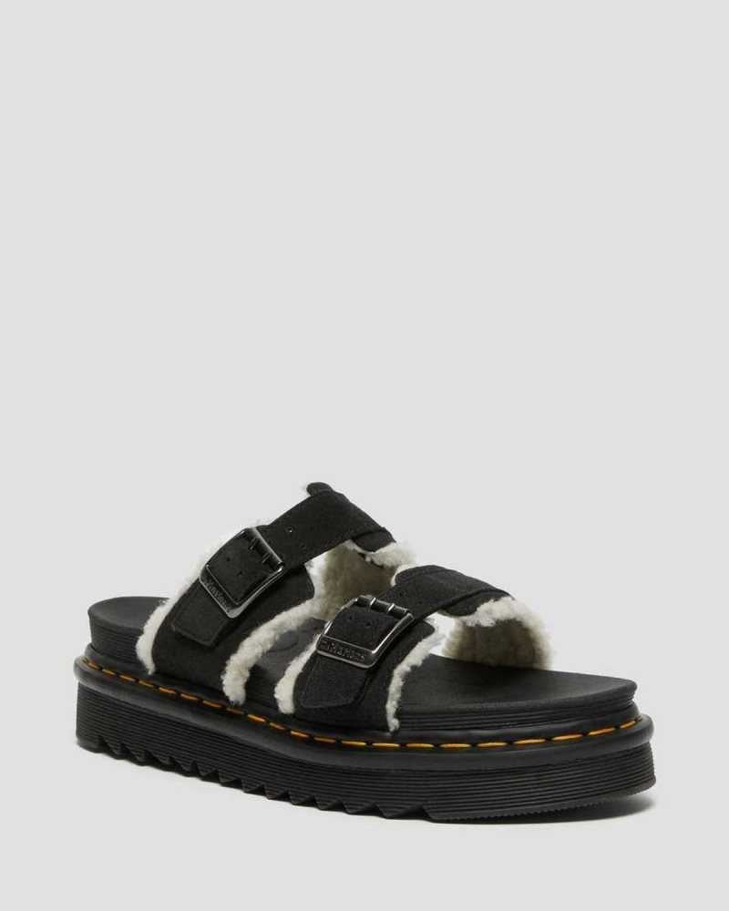 Black Dr. Martens Myles Suede Fur-Lined Buckle Slide Sandals | CGJOP3846