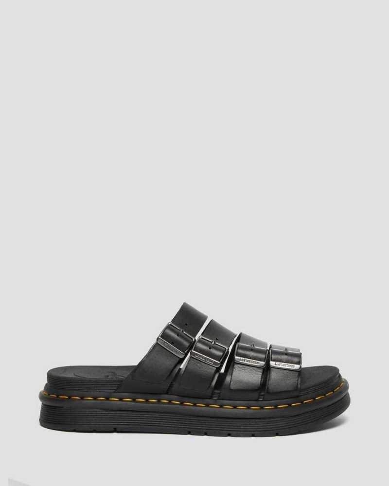 Black Dr. Martens Tate Leather Slide Sandals | TSIDA9753