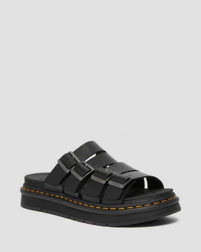 Black Dr. Martens Tate Leather Slide Sandals | TOKJB3842