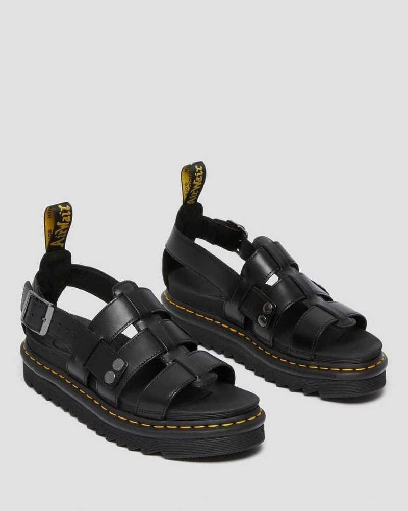 Black Dr. Martens Terry Leather Strap Sandals | LJBUQ5908