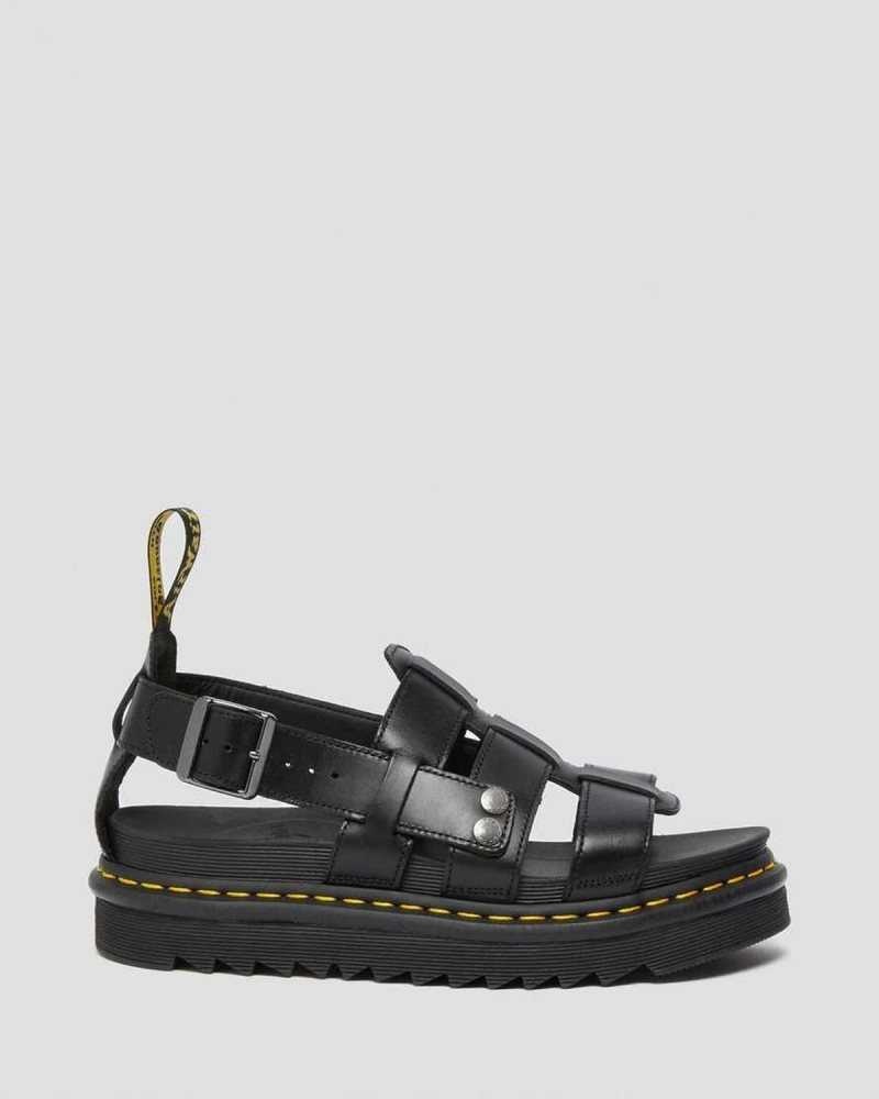 Black Dr. Martens Terry Leather Strap Sandals | LJBUQ5908