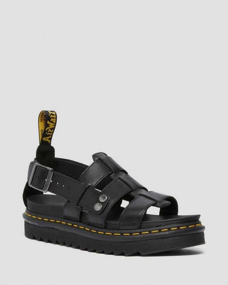 Black Dr. Martens Terry Leather Strap Sandals | KSHIC4261