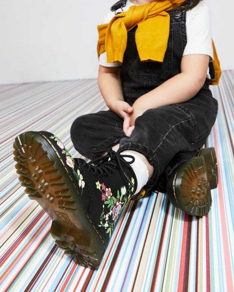 Black Dr. Martens Toddler 1460 Floral Leather Lace Up Boots | FYKAO1245