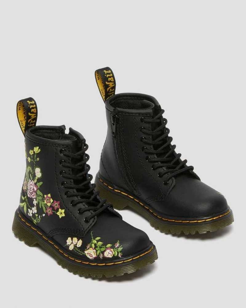 Black Dr. Martens Toddler 1460 Floral Leather Lace Up Boots | FYKAO1245