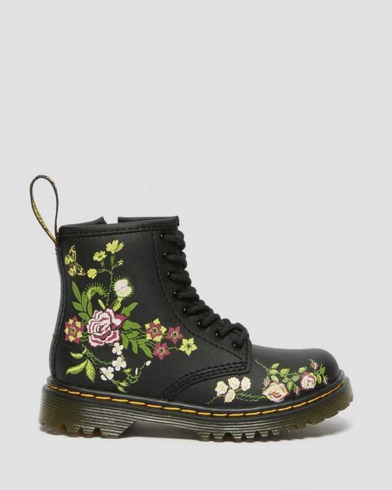 Black Dr. Martens Toddler 1460 Floral Leather Lace Up Boots | FYKAO1245