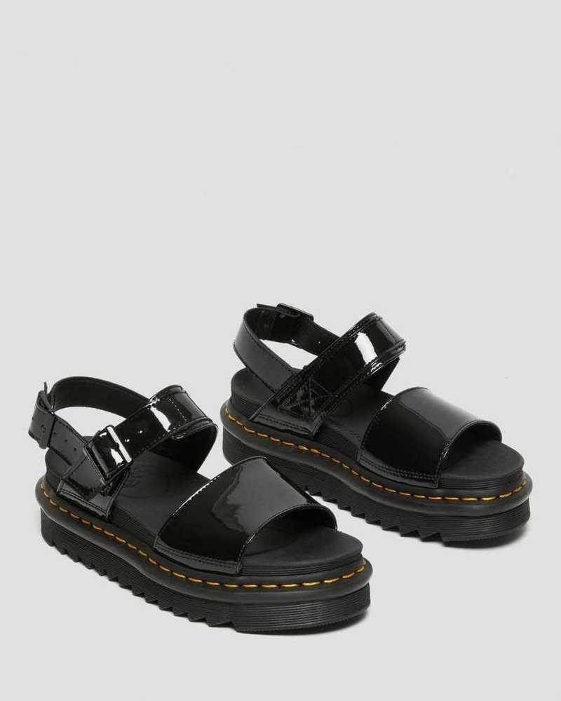 Black Dr. Martens Voss Patent Leather Strap Sandals | GIZSX3769