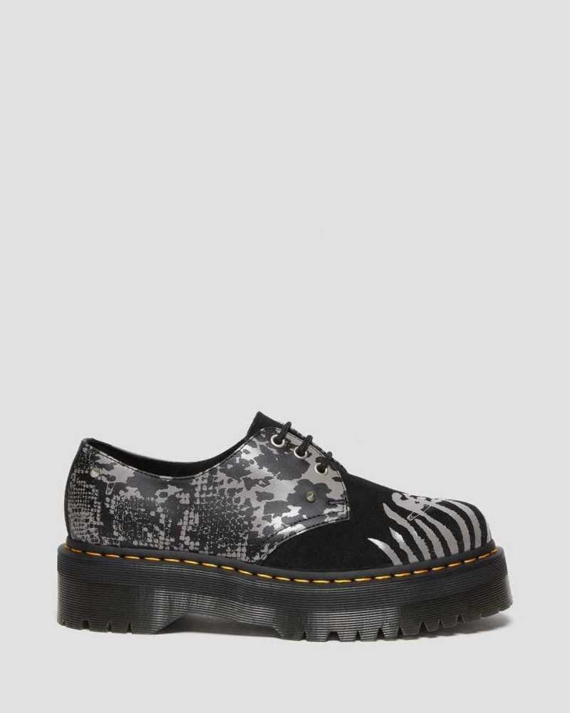 Black / Grey Dr. Martens 1461 Animal Clash Leather & Suede Platform Shoes | GAVQC0392