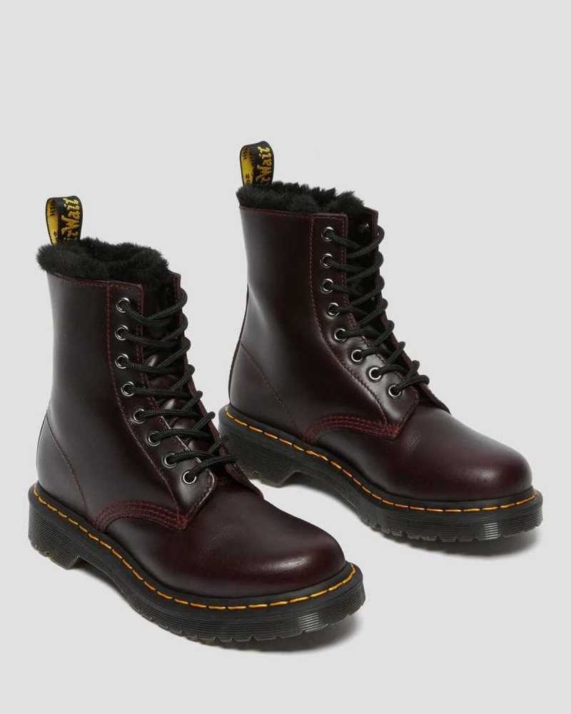 Burgundy Dr. Martens 1460 Serena Faux Fur Lined Lace Up Boots | EMLJO3170