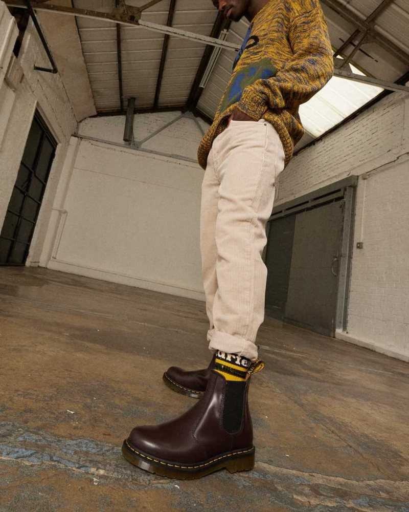 Burgundy Dr. Martens 2976 Yellow Stitch Smooth Leather Chelsea Boots | GMNYK1794