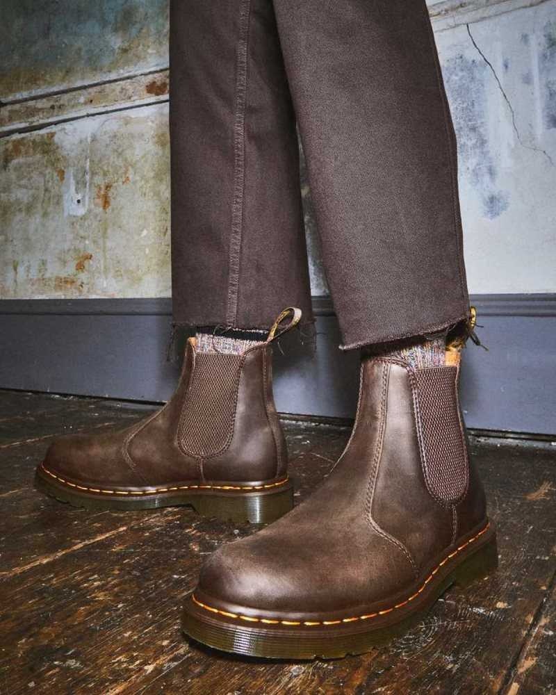 Dark Brown Dr. Martens 2976 Yellow Stitch Crazy Horse Leather Chelsea Boots | EUYGZ9624