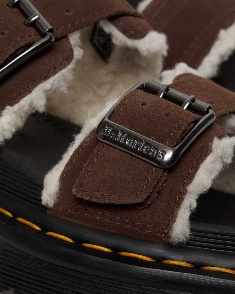 Dark Brown Dr. Martens Myles Suede Fur-Lined Buckle Slide Sandals | LMBWV7523