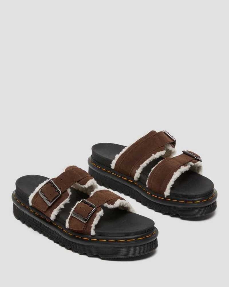 Dark Brown Dr. Martens Myles Suede Fur-Lined Buckle Slide Sandals | LMBWV7523