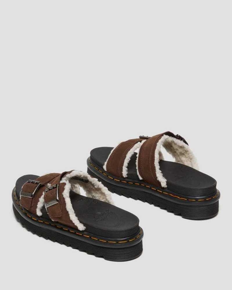 Dark Brown Dr. Martens Myles Suede Fur-Lined Buckle Slide Sandals | LMBWV7523