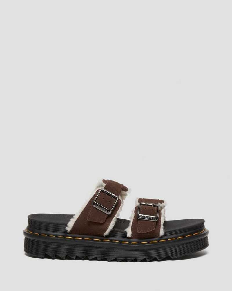 Dark Brown Dr. Martens Myles Suede Fur-Lined Buckle Slide Sandals | LMBWV7523