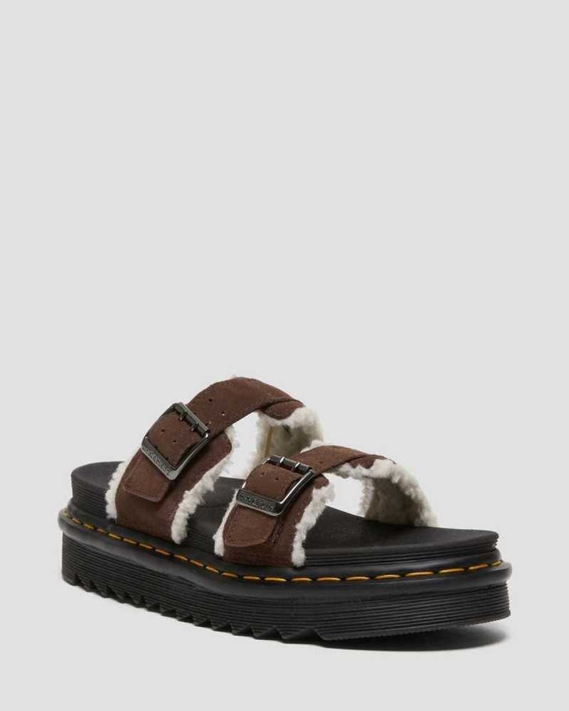 Dark Brown Dr. Martens Myles Suede Fur-Lined Buckle Slide Sandals | LMBWV7523