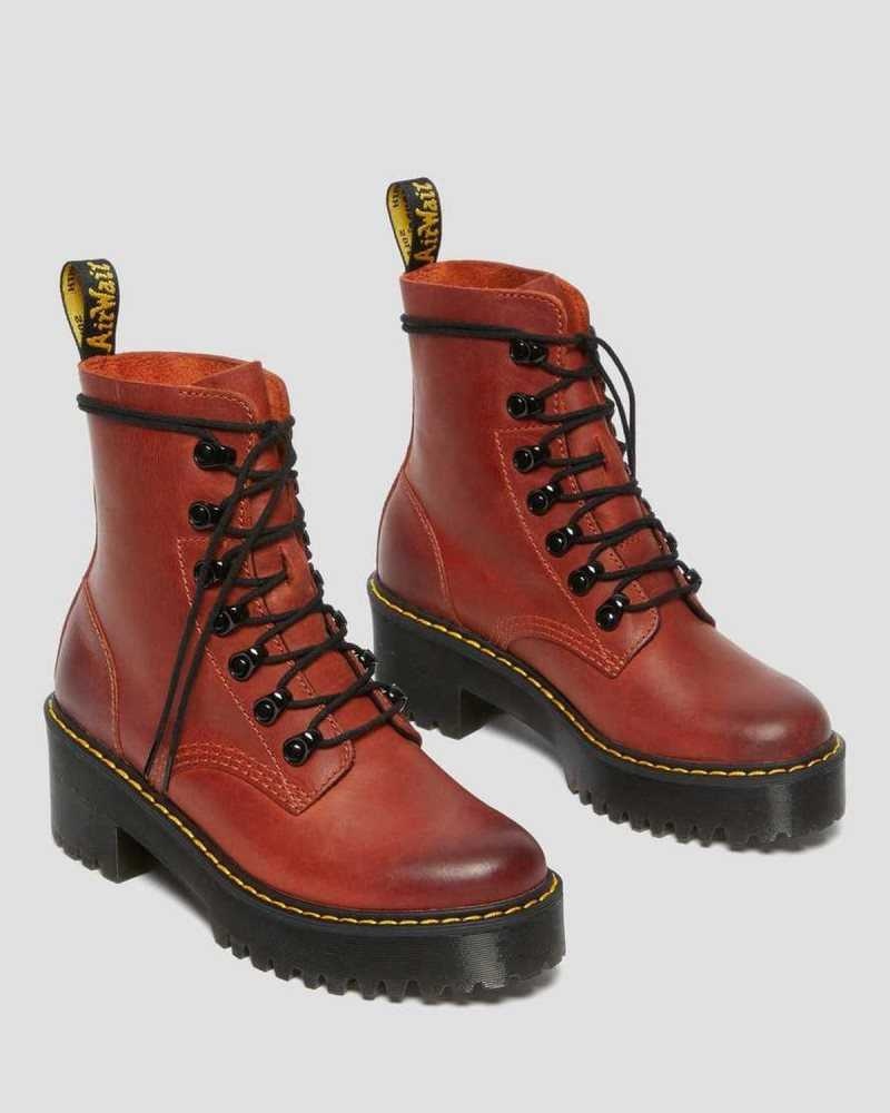 Dark Red Dr. Martens Leona Wyoming Leather Platform Heeled Boots | VDLTO3189