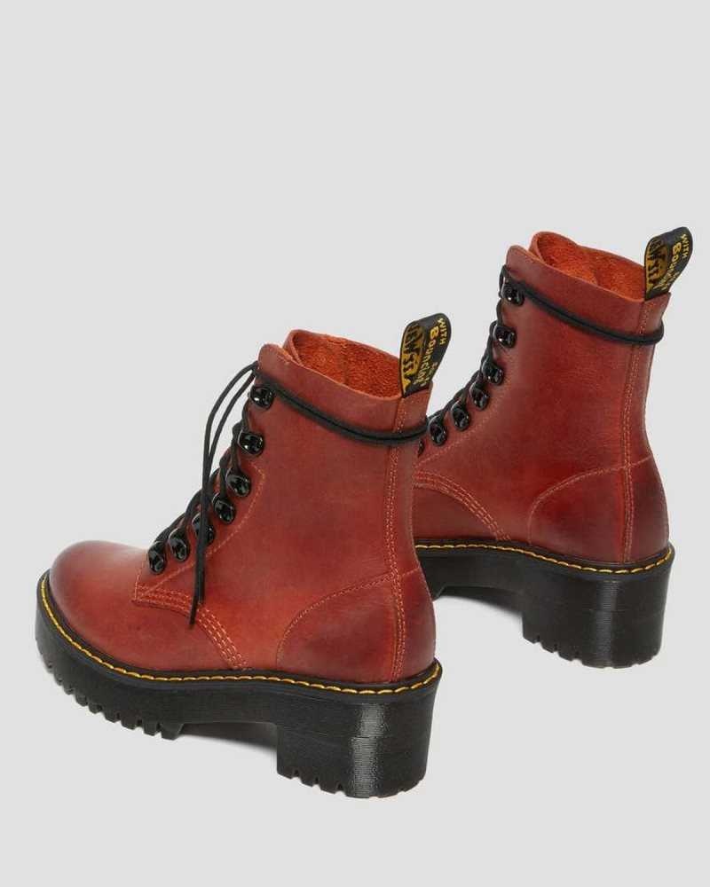 Dark Red Dr. Martens Leona Wyoming Leather Platform Heeled Boots | VDLTO3189