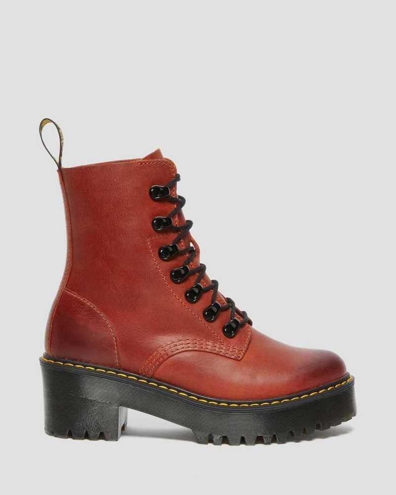 Dark Red Dr. Martens Leona Wyoming Leather Platform Heeled Boots | VDLTO3189