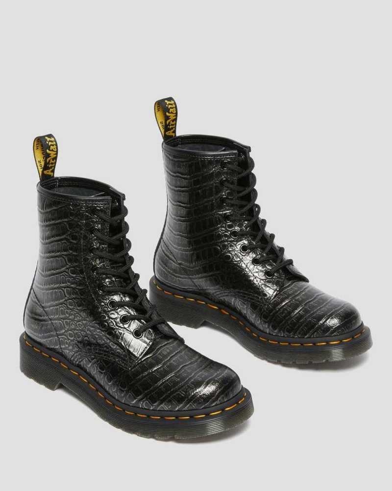 Grey Dr. Martens 1460 Croc Emboss Leather Lace Up Boots | PNYFC9124