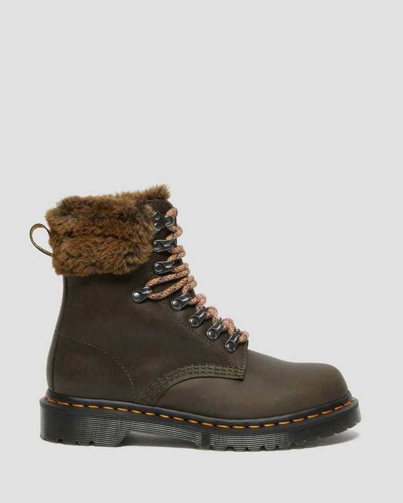 Grey Dr. Martens 1460 Serena Collar Faux Fur Lined Lace Up Boots | PLJYR3098