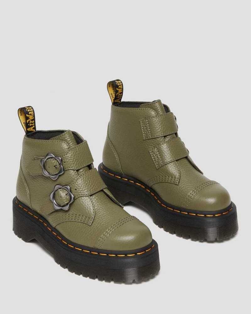 Khaki Green Dr. Martens Devon Flower Buckle Leather Platform Boots | IUFXP8625