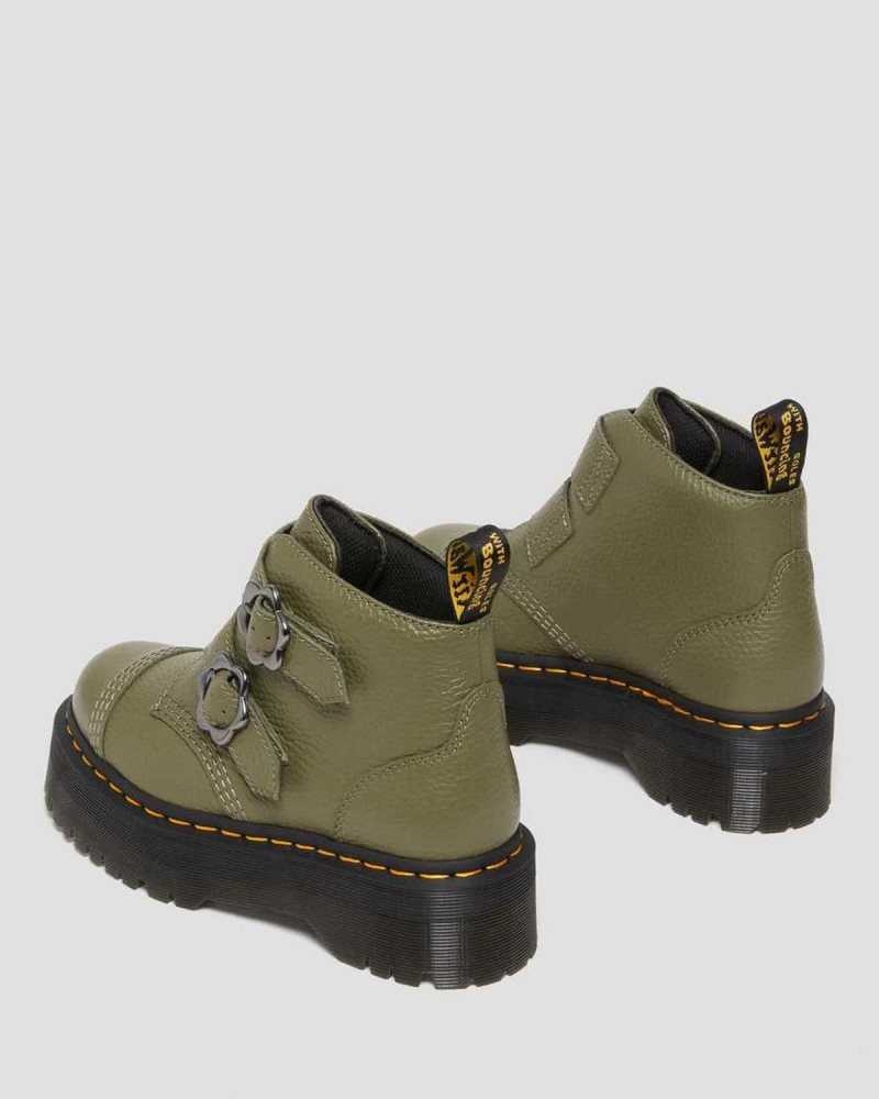 Khaki Green Dr. Martens Devon Flower Buckle Leather Platform Boots | IUFXP8625