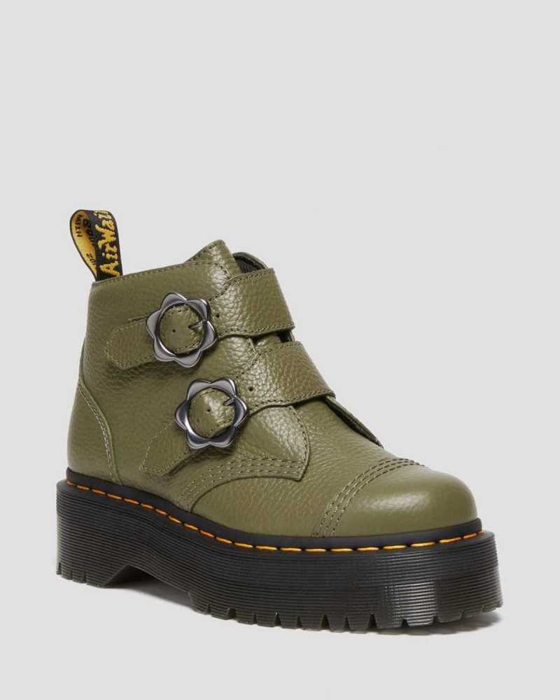 Khaki Green Dr. Martens Devon Flower Buckle Leather Platform Boots | IUFXP8625