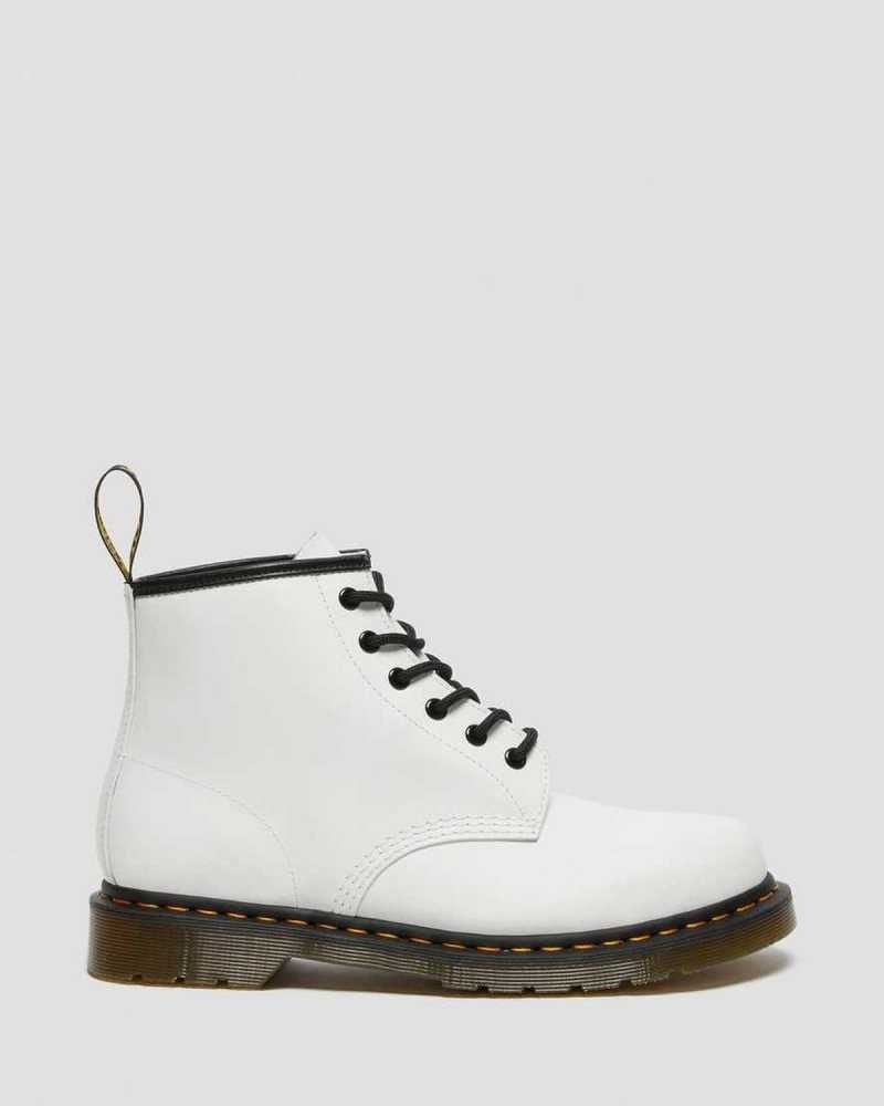 White Dr. Martens 101 Yellow Stitch Smooth Leather Ankle Boots | VXYPO3127