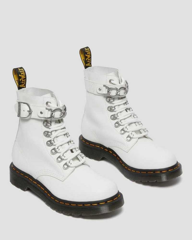 White Dr. Martens 1460 Pascal Chain Leather Lace Up Boots | HCYTX6185