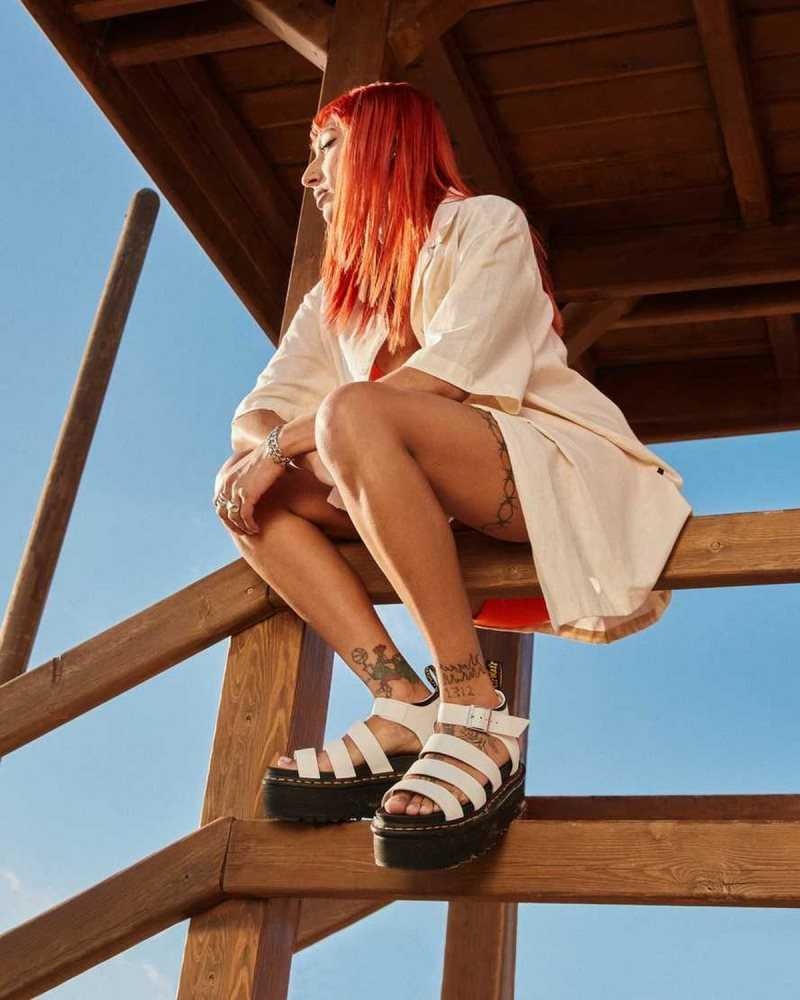 White Dr. Martens Blaire Hydro Leather Platform Strap Sandals | FUTDX0568