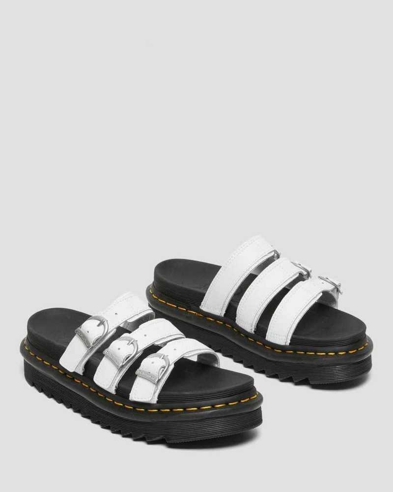 White Dr. Martens Blaire Leather Slide Sandals | UXRAY4018